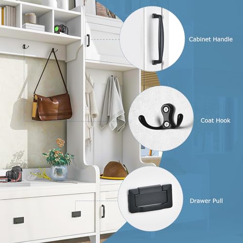 Hall Tree with Bench and Shoe Storage, White Entryway Bench with 7 Coat Rack, 4 Cabinet, 1 Drawer and Open Shelves, Large Mudroom Bench with Shoe Storage and Hooks for Hallway, Entry Way
