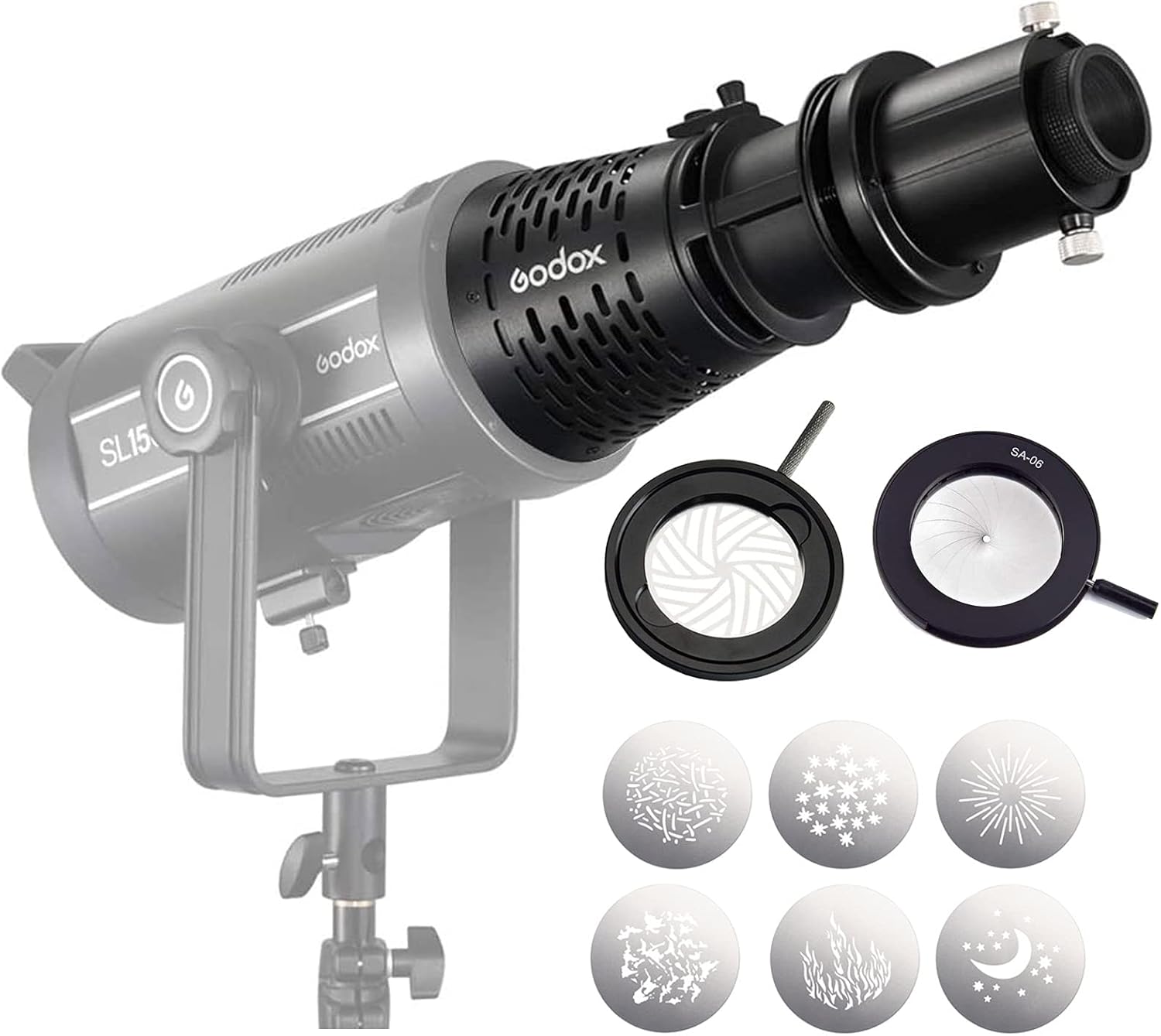 Godox SA-17 Bowens Mount Adapter with Godox SA-P Projection Attachment + SA-06 Iris Diaphragm + SA-09-001 GOBO Set + SA-10 GOBO Set Holder Create Theatrical Effect for Bowens Mount LED Video Light