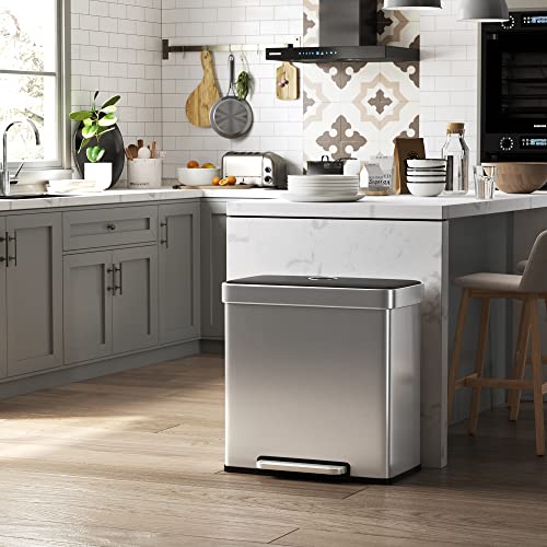 SONGMICS Kitchen Trash Can, 16 Gallons (2 x 8 Gallons) Dual Compartment Garbage Can, 60L Pedal Recycling Bin, Stay-Open Lid and Soft Closure, Stainless Steel, 15 Bags Included, Silver ULTB202E01
