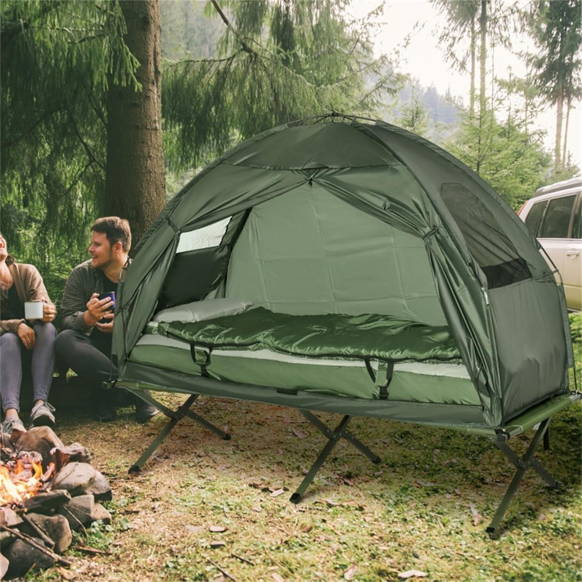 Portable Multifunctional Folding Camping Cots for Adults,Elevated Tent with Sleeping Bag,Thick Air Mattress Pad,Single Sleeping Cot Camping Bed,Hiking Beach