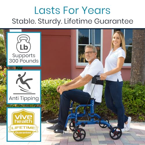 Vive 2 in 1 Rollator Transport Wheelchair Walker for Seniors - Lightweight, Foldable, Medical 4 Wheel Chair Combo with Seat - Portable Walking Mobility Aid for Men Women, 300 Pound Capacity
