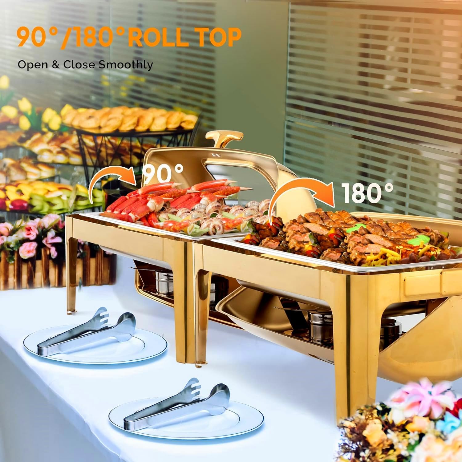 4 Packs 9QT Gold Roll Top Chafing Dish Buffet Set, Rectangular Stainless Steel Buffet Warmer Chafers and Buffet Warmers Sets with Thick Frame for Catering Events Parties Weddings Dinners,Luxury Gold