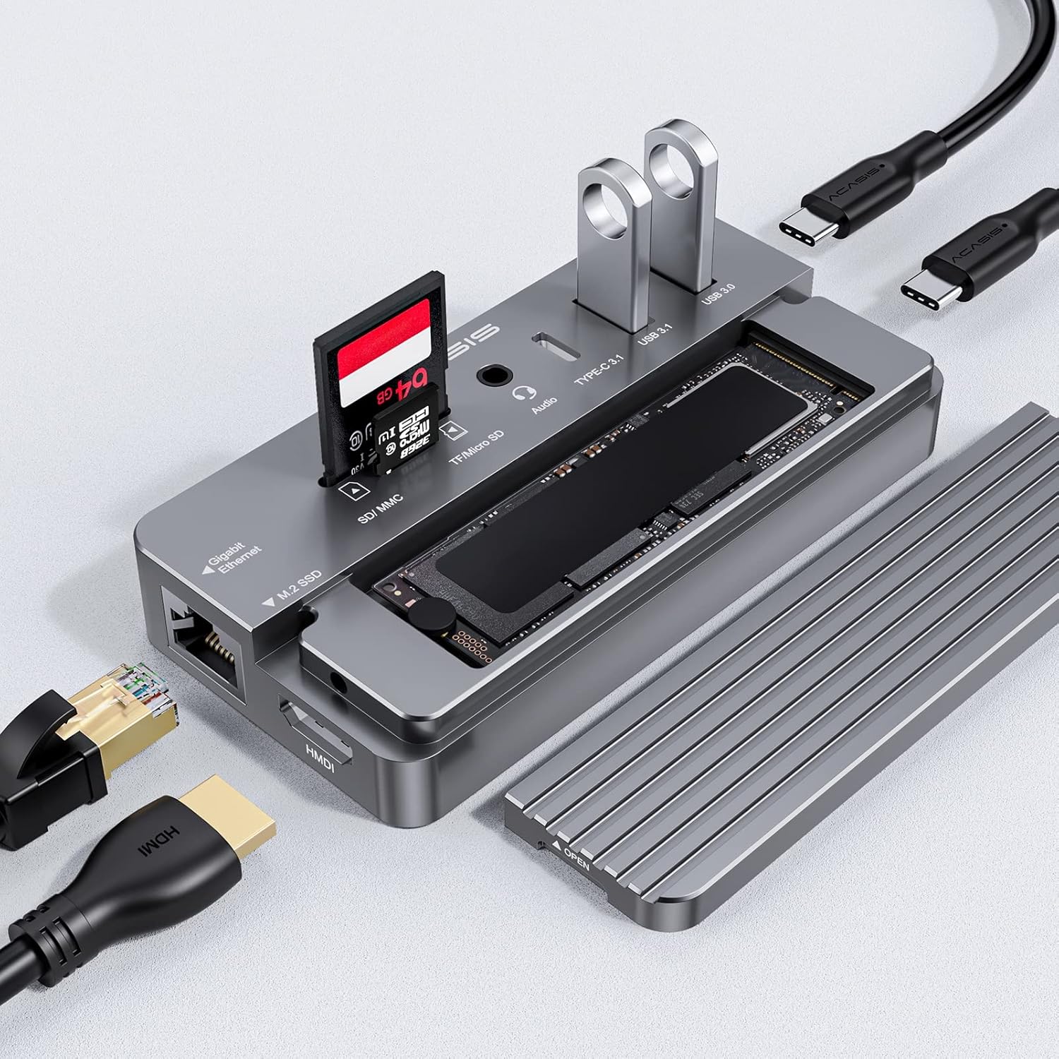 ACASIS USB-C HUB 10-in-1 Docking Station fit M.2 NVME & SATA NGFF SSD with HDMI, 100W Power Delivery, Support 8TB for Windows/MAC/IPAD (CM073 Sliver)