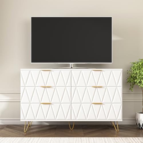 Vibe & Dine White 6 Drawer Dresser for Bedroom, Modern Double Dresser with Gold Handles and Legs, Wood Chest of Drawers with Wide Storage for Closet, Living Room, Hallway