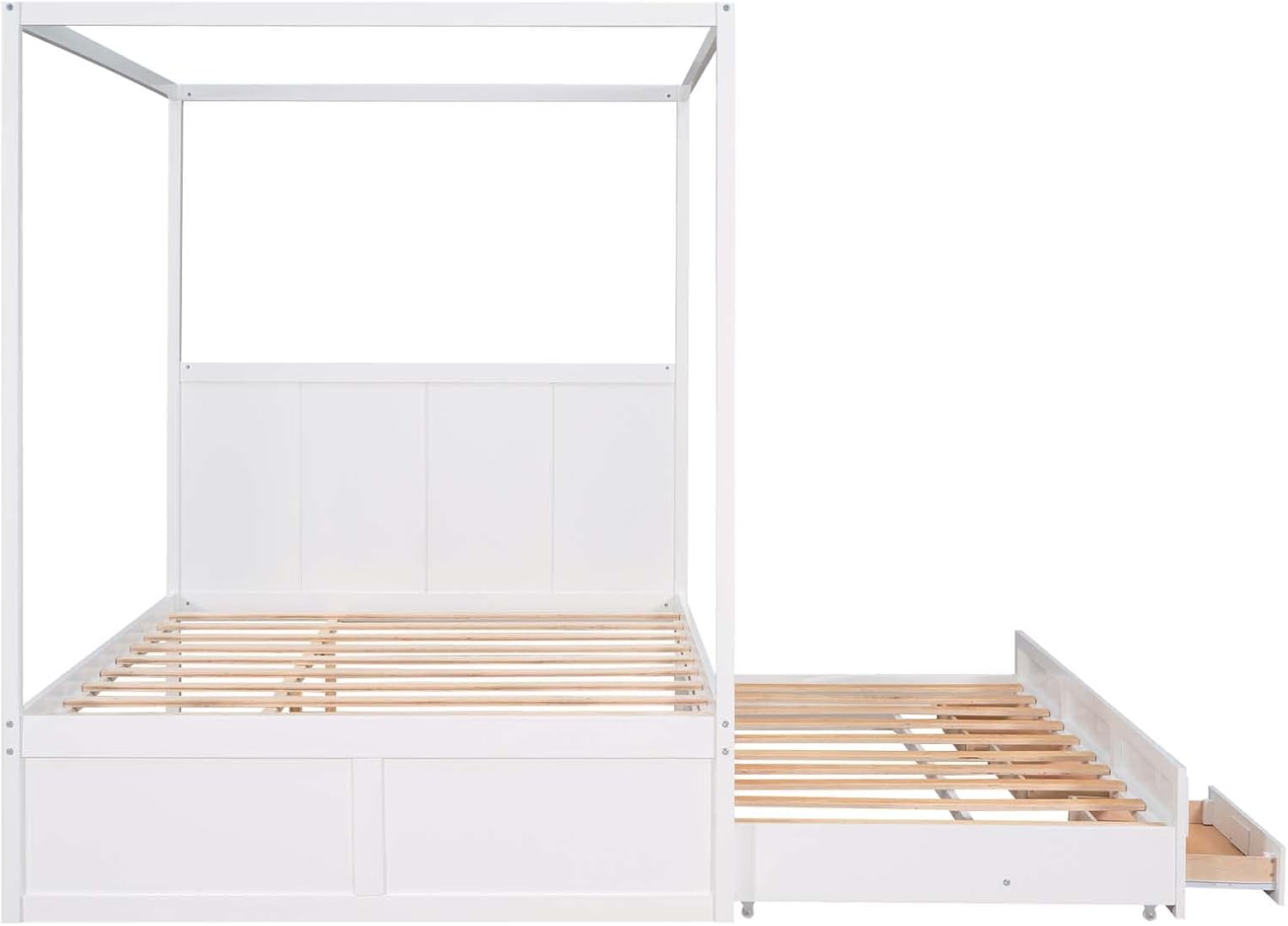 Queen Size Wood Canopy Platform Bed with Twin Size Trundle Bed and 3 Storage Drawers, Sturdy Wood Slats Support, No Box Spring Required, Simple Assembly for Boys Girls Teenagers and Adults, White
