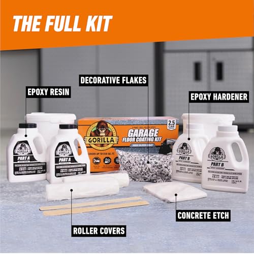 Gorilla Epoxy Garage Floor Coating (7 pc) Kit, 1-Car, Concrete Flooring, 100% Solids, Superior Adhesion, Incredibly Durable High Gloss Gray Finish, 275 sq. ft. Coverage