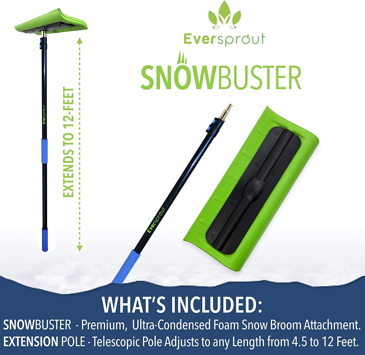 EVERSPROUT Never-Scratch SnowBuster 5-to-12 Foot (Up to 18 ft Standing Reach) | Pre-Assembled Extendable Roof Rake for Snow Removal | Lightweight Aluminum, Soft Foam Pad | Exclusive Push/Pull Design Pack of 2