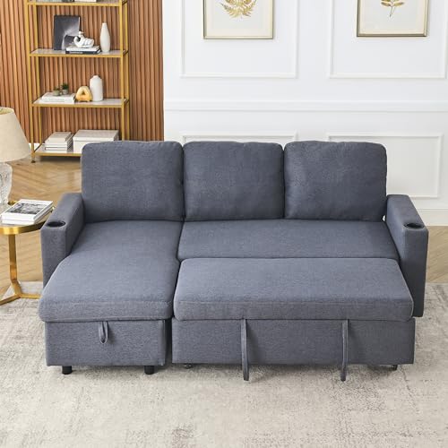 Convertible Sectional Sofa Couch, 3 Seat Sofa Set with Pullout Bed for Living Room, L-Shaped Modern Fabric Modular Sofa Sleeper with Storage Chaise for Office, Apartmen(Light Grey)