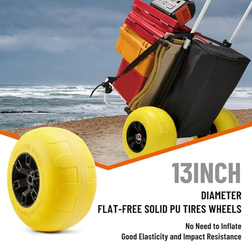 Beach Fishing Cart, 13” Big Balloon Wheels w/Flat-Free Solid PU Tires for Sands, 165LBS Loading Folding Sand Cart & 33.1" to 51.6" Adjustable Height, Beach Buggy Cart w/Storage Bag, No Rust