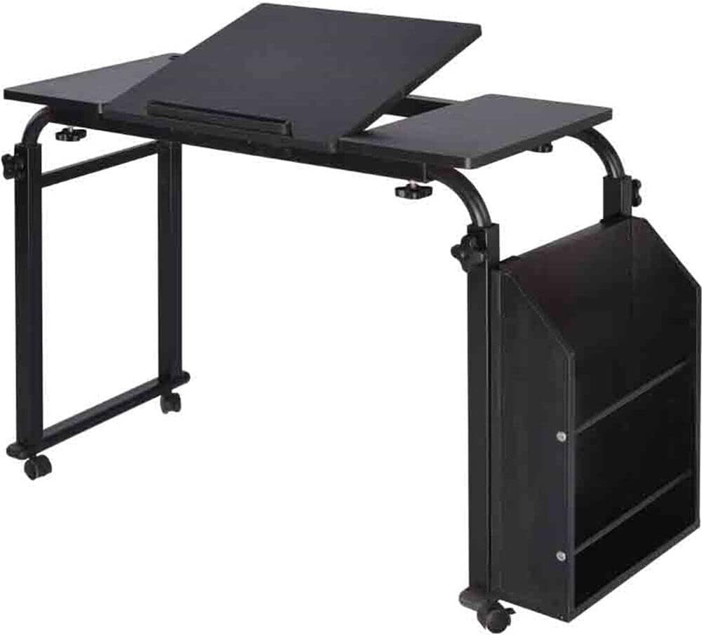 Cross-Bed Stretchable Overbed Tables,Laptop Desk with Wheels,Bed Tables Adjustable Height and Length Over The Bed,with Adjustable tilt Table top and Storage Storage