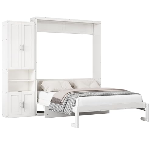 Modern Murphy Bed with 2 Side Cabinet Storage Shelf, Dual Piston System, Sturdy Metal Frame Wall Bed for Guest Room, Home Office (Brown+Bookshelf2, Queen)