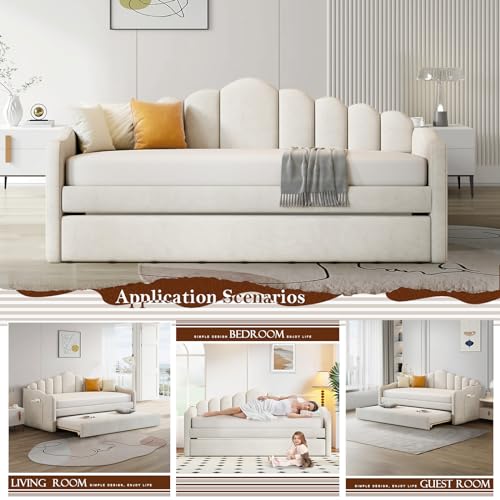 Twin Size Daybed with Trundle, Velvet Day Bed Frame with 2 USB Charging Ports, No Box Spring Needed, Modern Upholstered Sofa Bed with Roll-out Trundle for Bedroom, Living Room, Guest Room, Pink