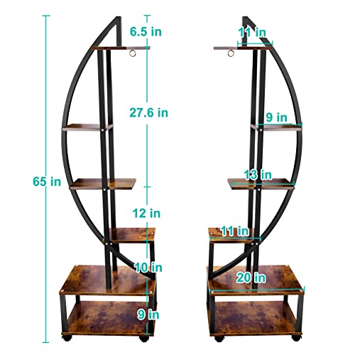 Seeutek 2 pcs 6 Tier Tall Metal Indoor Plant Stands with Hanging Loop,Half Moon Shaped Ladder Plant Shelf Holder,Multiple Plant Stand Flower Pot Rack for Home Decor Patio Lawn Garden
