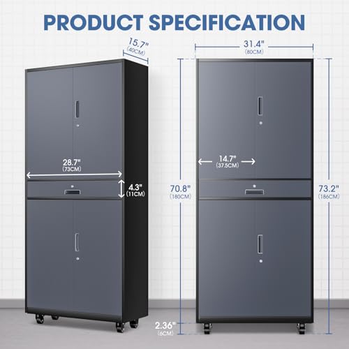 DNA MOTORING 71'' Metal Storage Cabinet, Locking Tool Cabinet with 1 Drawer and Adjustable Shelves, Lockable Heavy Duty Metal Locker for Garage,Office,Home,Gym, Gray, TOOLS-00629-GY-GY-A