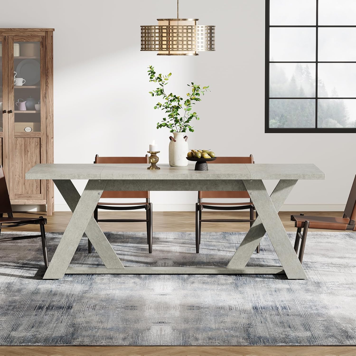 Tribesigns 70.9-Inch Dining Table, Farmhouse Kitchen Dining Room Table for 6-8 People, Wood Kitchen Table Dinner Table with Double X-Shaped Base for Dining Room, Gray