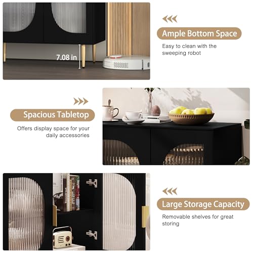 AERPOWER Sideboard Buffet Cabinet with 4 Glass Doors, Wood Accent Cabinet with Storage Shelves, Black Credenza Display Cabinet, Modern Storage Cabinet for Kitchen, Dining Room, Living Room, Hallway