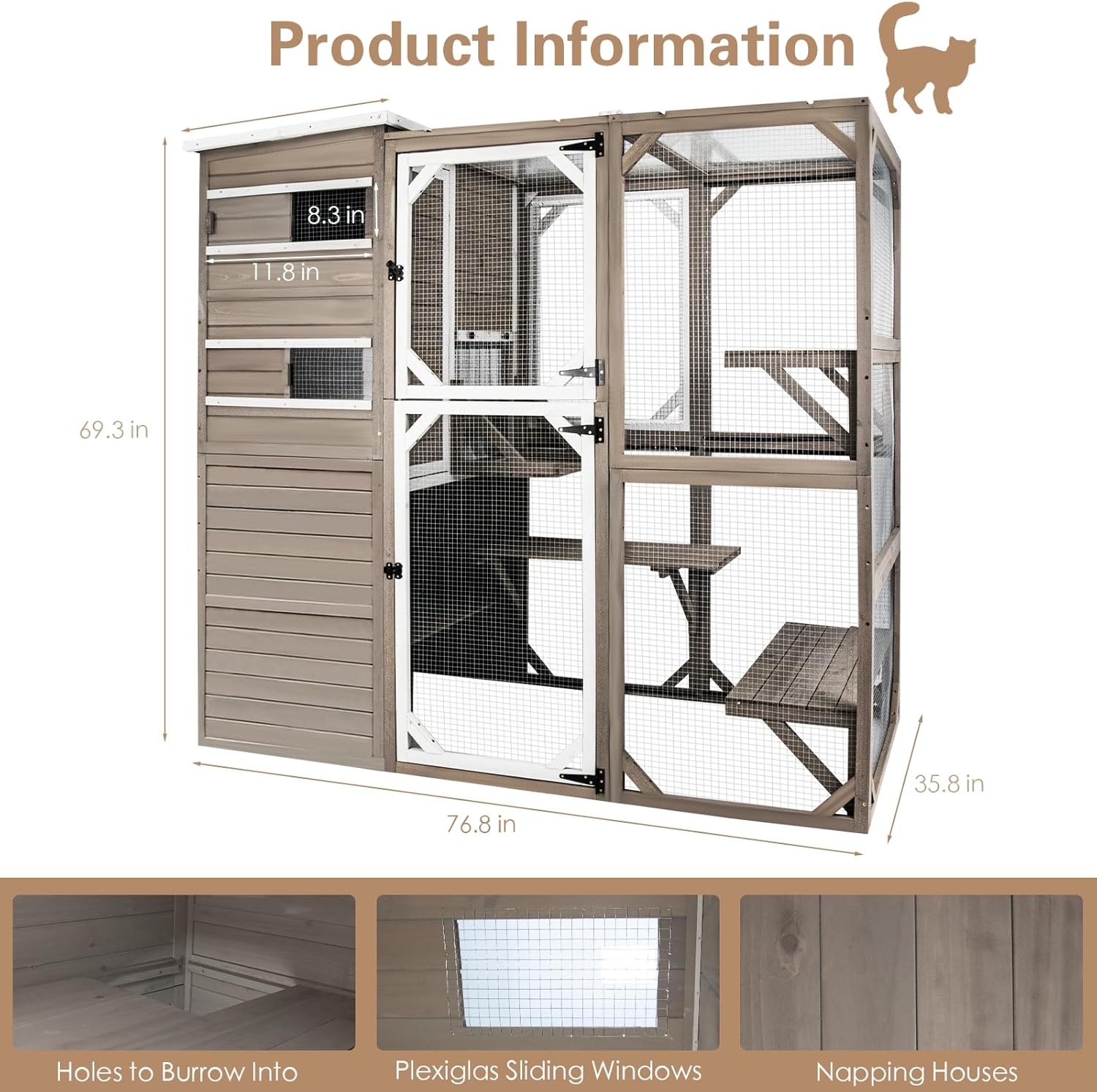 Catio Outdoor Cat Enclosure Cat Catio Cat House, Cat Cage Condo Indoor Playpen Kitty House Shelter with Multi Platforms, Waterproof Roof, Pull-Out Tray and 2 Resting Box