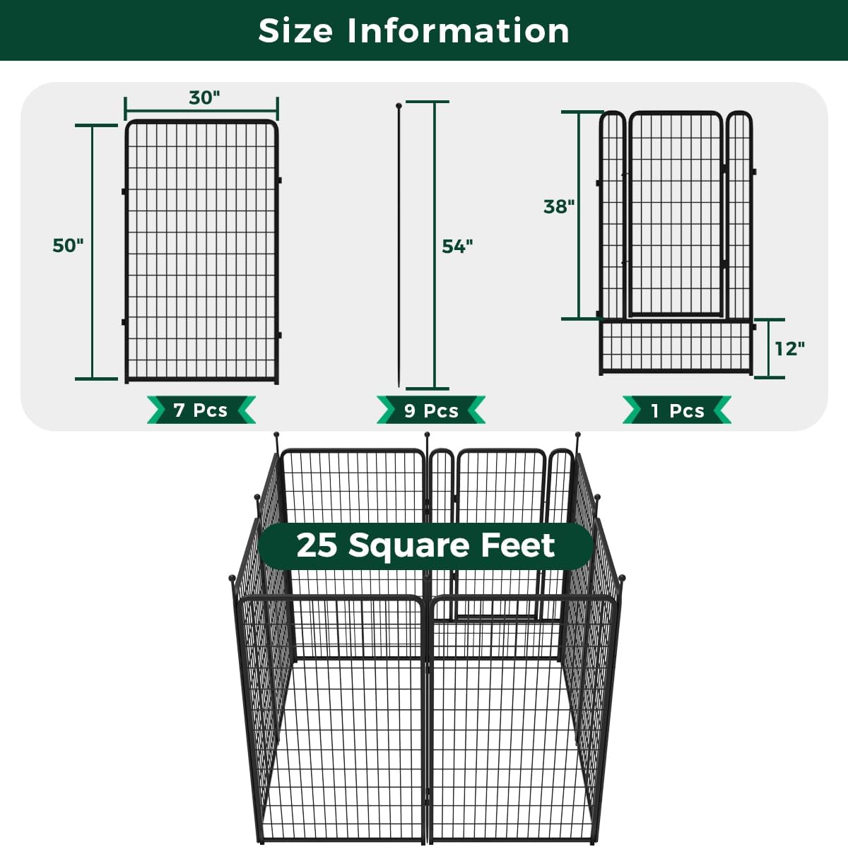 FXW Decorative Garden Metal Fence Temporary Animal Barrier for Yard, 7 Panels+1 Gate, 20'(L)×50"(H), Black