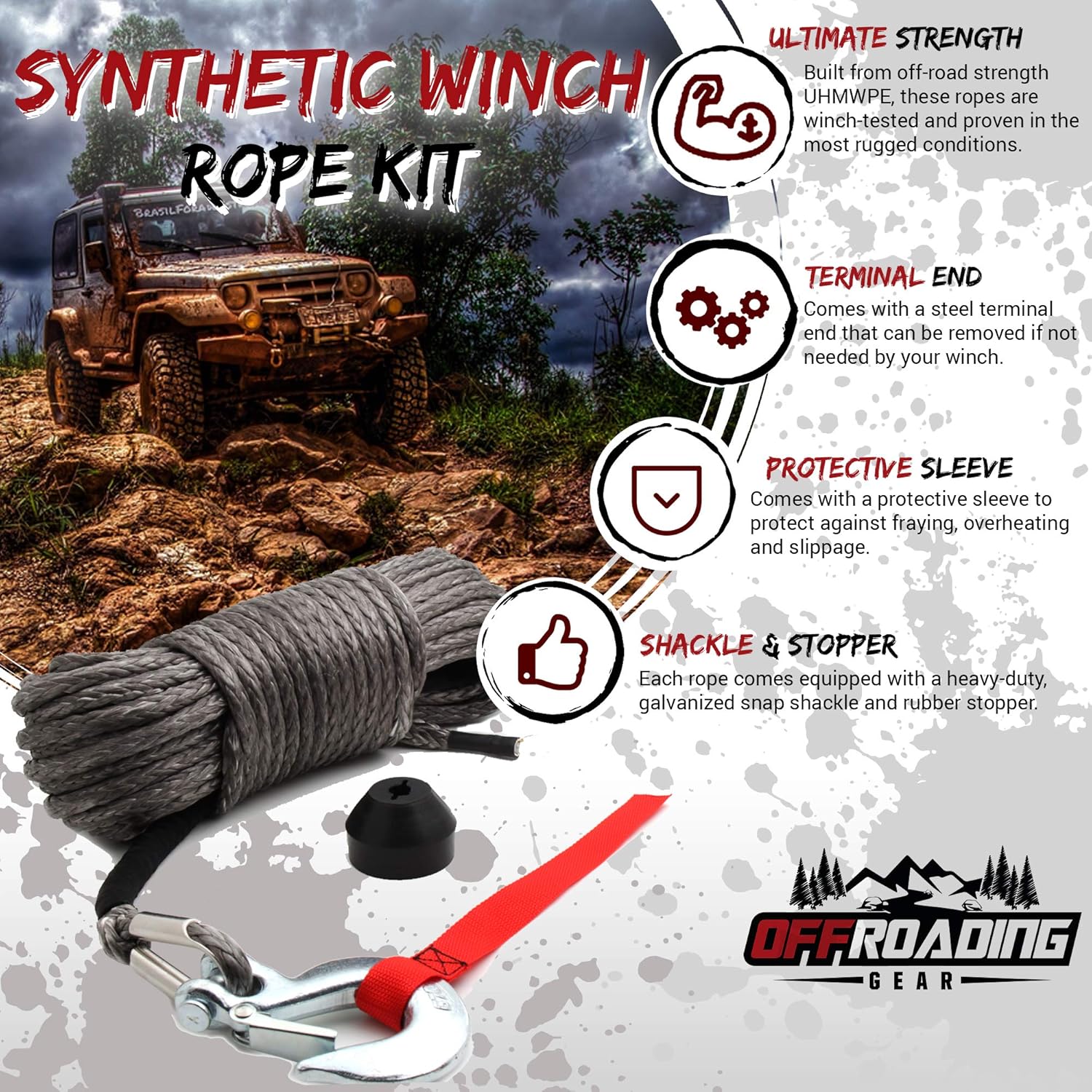 50'x3/16” Synthetic Winch Rope Kit | Replacement for Wire Cable | Jeep/ATV/Quad | Free Snap Hook & Stopper