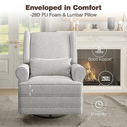 Swivel Nursery Glider Recliner, Comfy Upholstered Glider Chair with Lumbar Pillow and Footrest, Swivel Rocking Chair for Living Room, Beige