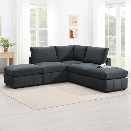 93 Inch L Sectional Sofa Corner Couch with 2 Movable Ottomans Set Reversible Symmetric L Shape – 5-Seat Armless Modern Design for Living Room, Home Office Dark Grey Corduroy