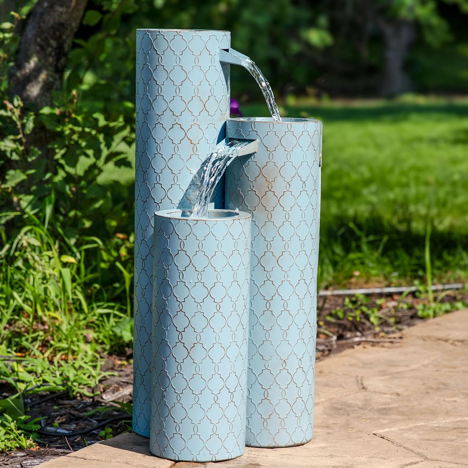 Sunnydaze Moroccan Trellis 3-Column Modern Outdoor Water Fountain - Zinc Cascading Outdoor Fountain - 27.5-Inch