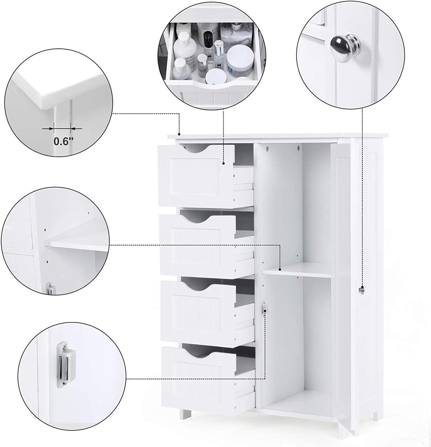 ONME Bathroom Floor Cabinet, Storage Cabinet Wooden with 1 Door & 4 Drawer, Free Standing Wooden Entryway Cupboard Spacesaver Cabinet, Entryway Cupboard, Toy Organizer Cabinet White
