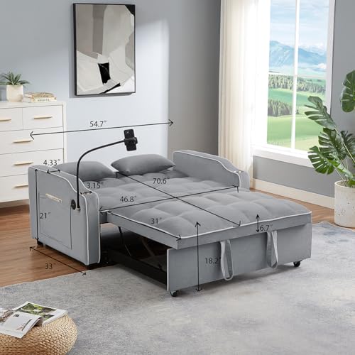 3-in-1 Velvet Pull Out Couch in 3 Lengths,with Adjustable Backrest, Storage Pockets & Pillows Convertible Sleeper Sofa Bed