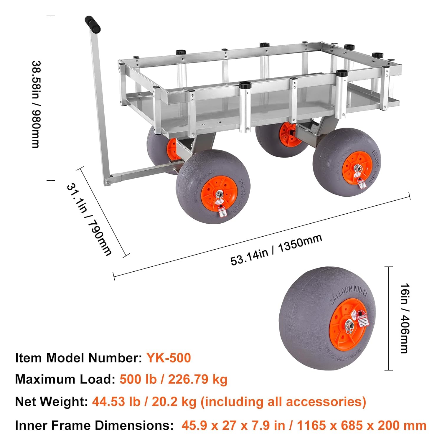 VEVOR Beach Fishing Cart, 400lbs Load Capacity, Fish and Marine Cart with Four 13" Big Wheels PU Balloon Tires for Sand, Heavy-Duty Aluminum Pier Wagon Trolley with 6 Rod Holders for Fishing, Picnic
