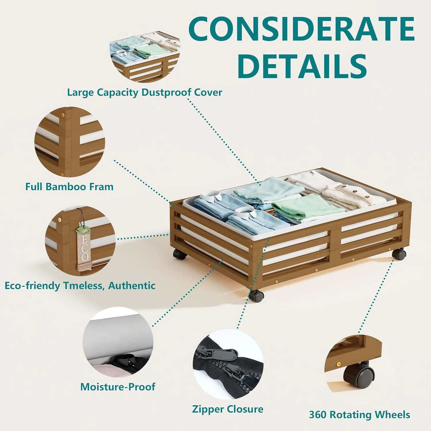 Bamboo Under Bed Storage Containers- Underbed Organizer with Wheels with Large Capacity Dust Bag,Sturdy Wood Rolling Under Bed Shoe Storage Organizer 2 Packs (Walnut, 2 Packs (33.07×16.54))