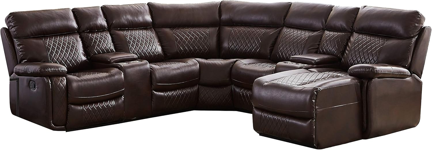 Living Room Manual Motion Upholstered Sectional, L Shape PU Leather Corner Reclining 4 Cup Holders and Storage Boxs for Villa Home Apartment Furniture, Brown Havery Duty Sofa & Couch
