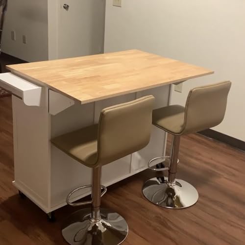 Rolling Kitchen Island with Drop Leaf, Mobile Kitchen Carts on Wheel with Storage Cabinet, Drop Leaf Island Table for Kitchen with Towel Rack and Drawer, White