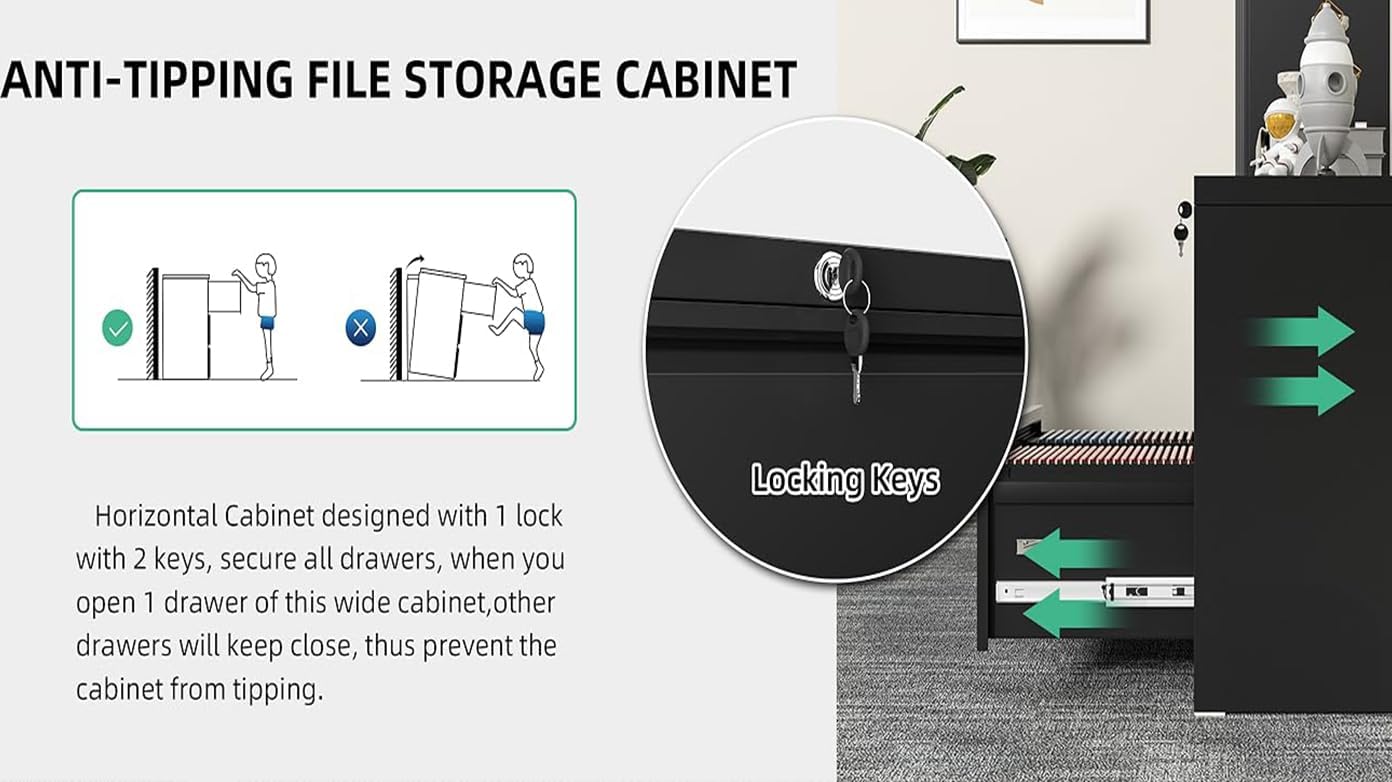 3 Drawer Lateral File Cabinet with Lock for Home Office Metal Filing Cabinet with Adjustable Hanging Rod Horizontal Filing Organization Storage Cabinet for Letter/Legal/A4/F4 Size Black