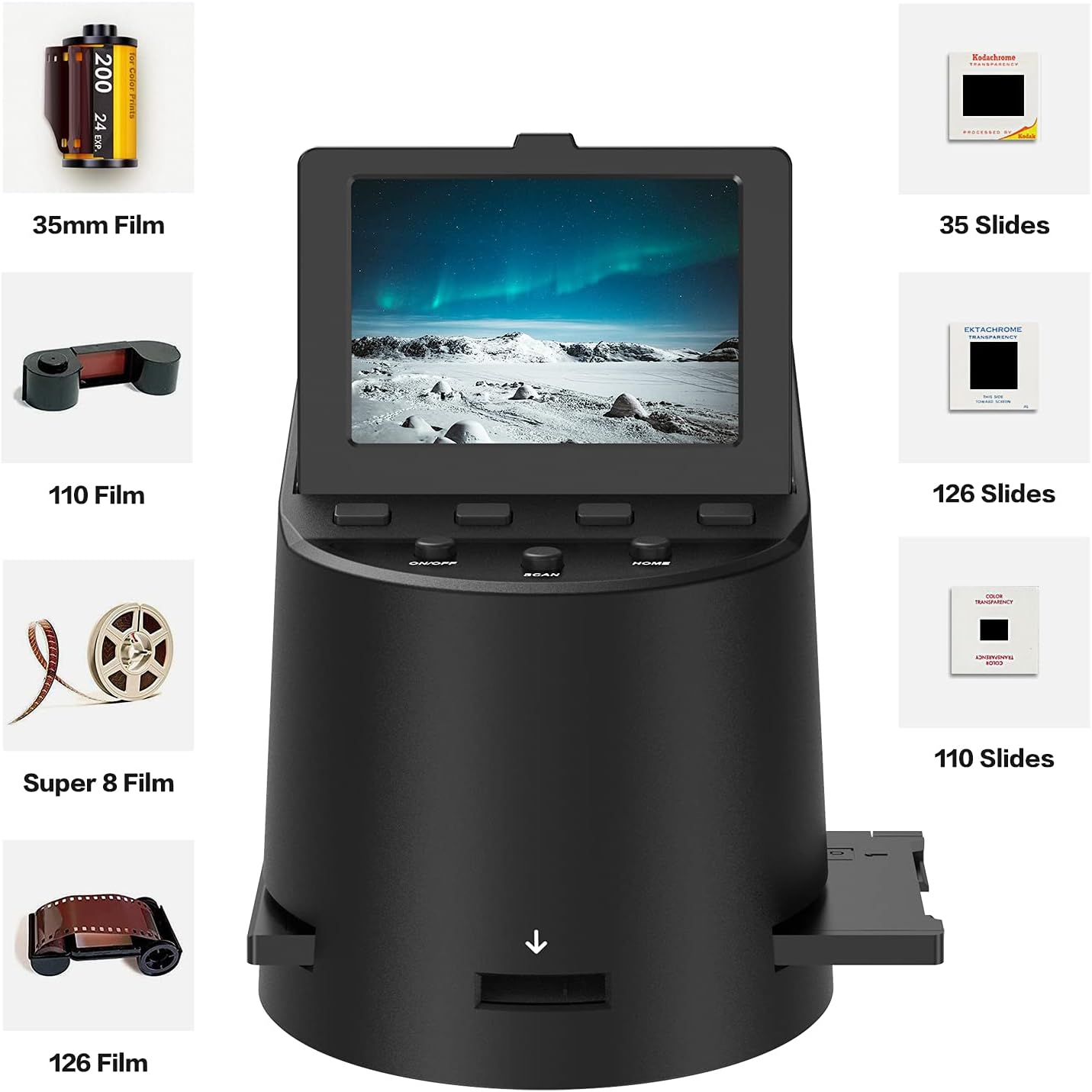 Wireless Digital Film Scanner with 22MP, Converts 35mm, 126, 110, Super 8 Films, Slides, Negatives to JPEG, Tilt-Up 3.5" Large LCD, Transfer Pictures to Phones Via WiFi Connection, MAC &PC Compatible
