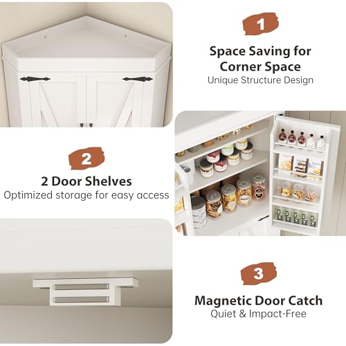 Corner Cabinet, Kitchen Pantry Cabinet, Storage Cabinet with 4 Doors and Shelves, Kitchen Cabinet, Pantry Cabinet, Tall Food Pantry Storage Cabinet Farmhouse Furniture for Kitchen Dining Room, White