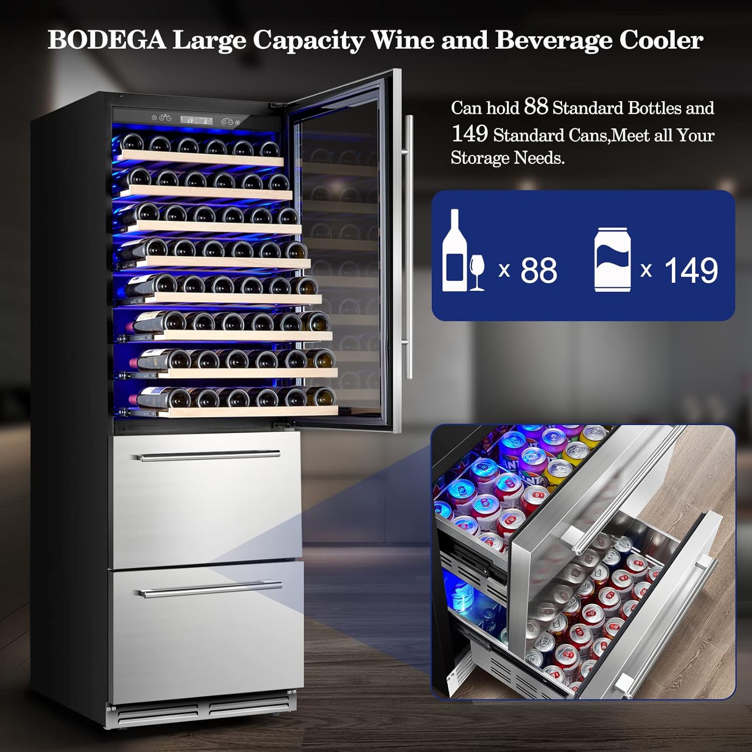 BODEGA Wine and Beverage Refrigerator, 24 Inch 2 IN 1 Dual Zone Wine Cooler,Built-in or Freestanding Beverage Cooler, Soft LED Light Hold 88 Bottles and 149 Cans
