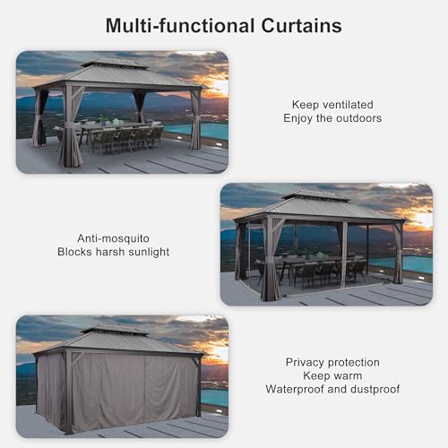 PURPLE LEAF 10' X 14' Permanent Hardtop Gazebo Aluminum Gazebo with Galvanized Steel Double Roof for Patio Lawn and Garden, Curtains and Netting Included, Grey