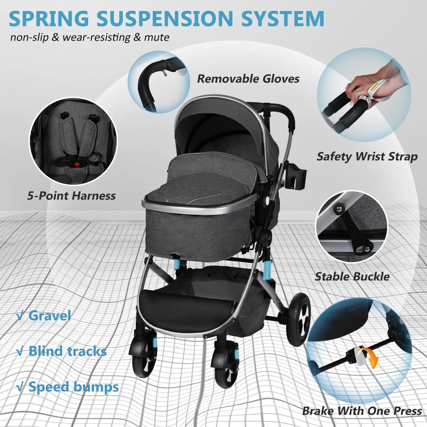 AILEEKISS 2 in 1 Convertible Baby Stroller, Unisex Folding Infant Newborn Bassinet Pram, Dark Grey