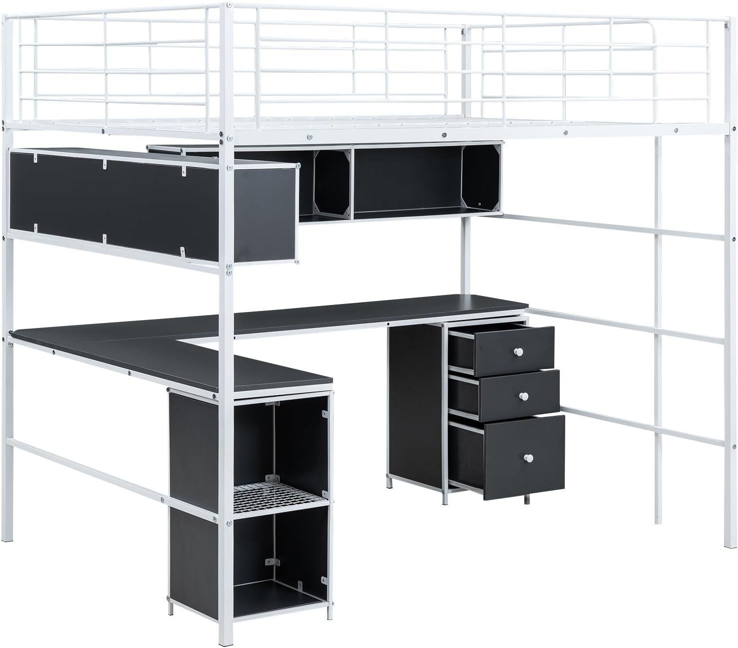 Metal Loft Bed with bookcase, desk and cabinet, Full, White