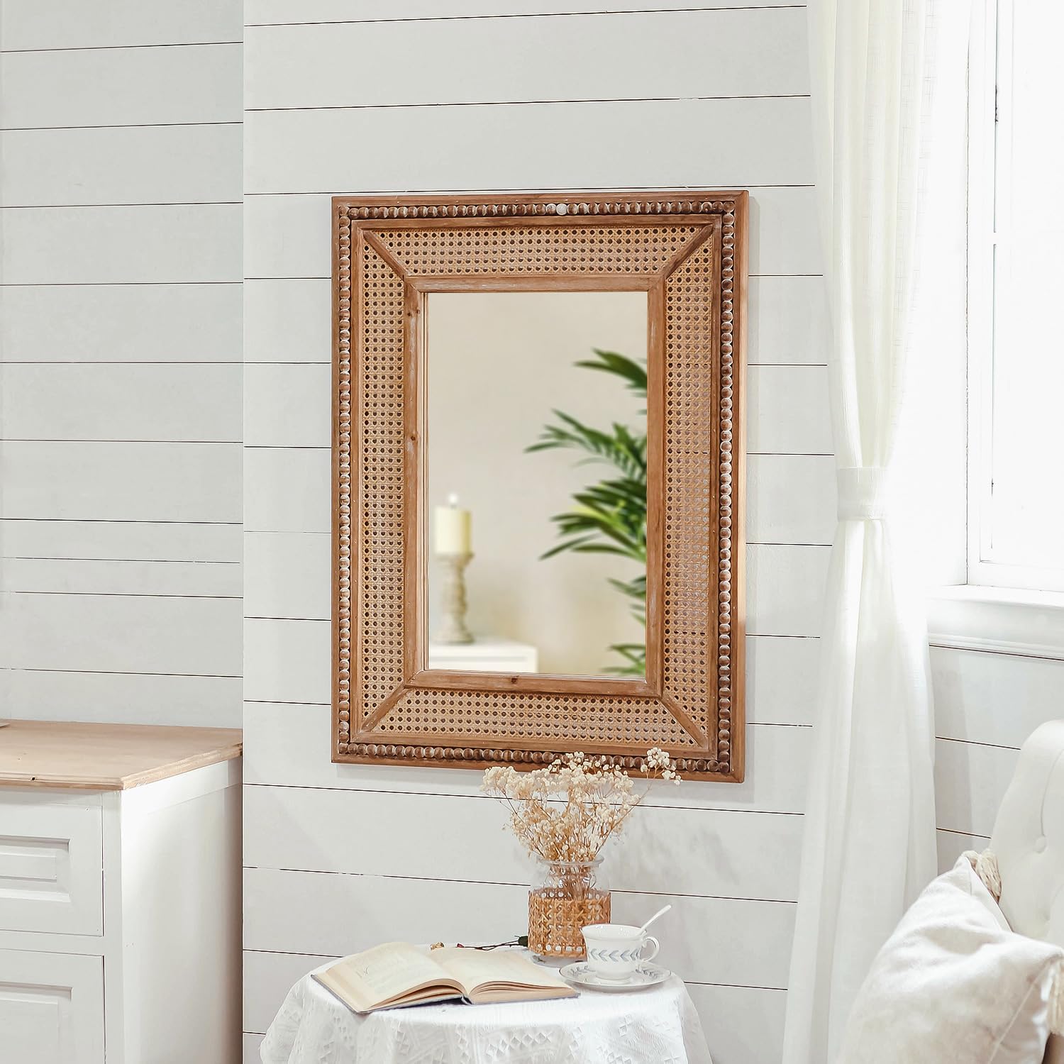 Boho Rattan Wall Mirror Wooden Framed Rectangle Mirror Wood Decorative Farmhouse Hanging Mirror for Bathroom Vanity Entryway Living Room Home Wall Decor - 24.21" x 1.18" x 32.28"