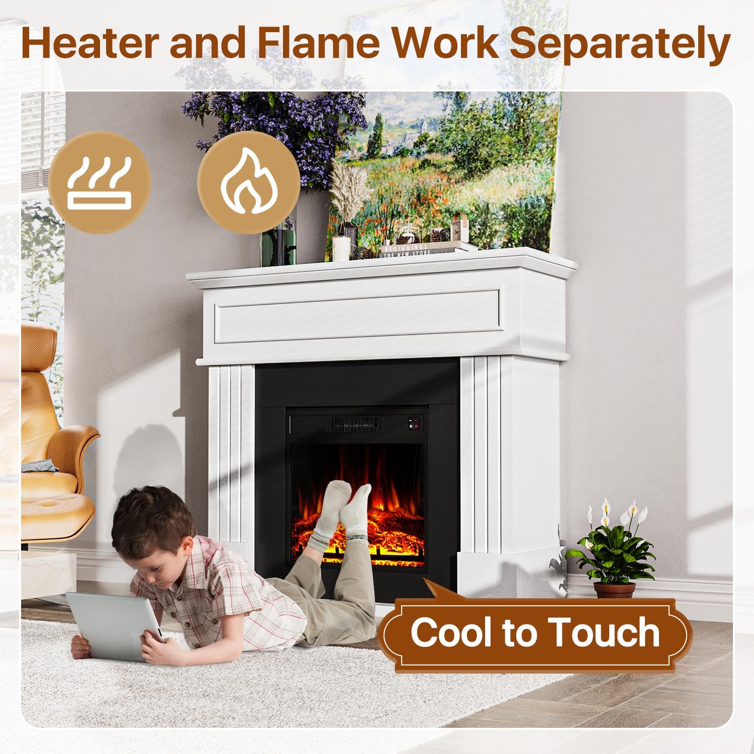 Electric Fireplace with 43" Mantel, 18 inchs Electric Fireplace Insert, Freestanding TV Stand with Fireplace Heater, Faux Log & Led Flames, 1500W Fireplace for Living Room