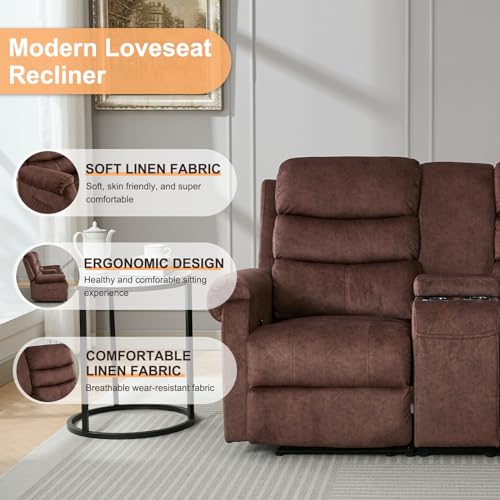 65.7" Manual Loveseat Recliner, Linen Fabric Home Theater Seating Recliner Chair with Storage Console, 2 Seater Reclining RV Sofa Chair for Living Room with Cup Holders (Grey-Linen)
