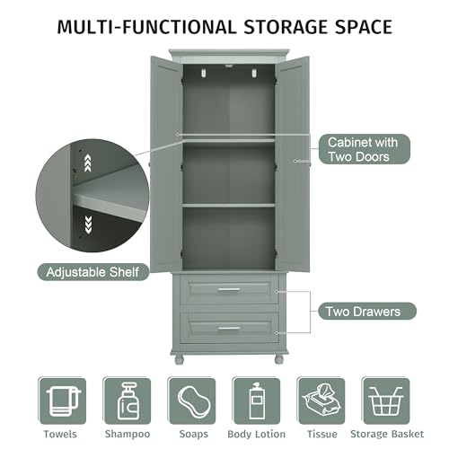 Polibi Tall Storage Cabinet with 2 Drawers, 3-Tier Adjustable Shelves & 2 Doors, Floor Freestanding Cabinet for Bathroom, Living Room, Grey