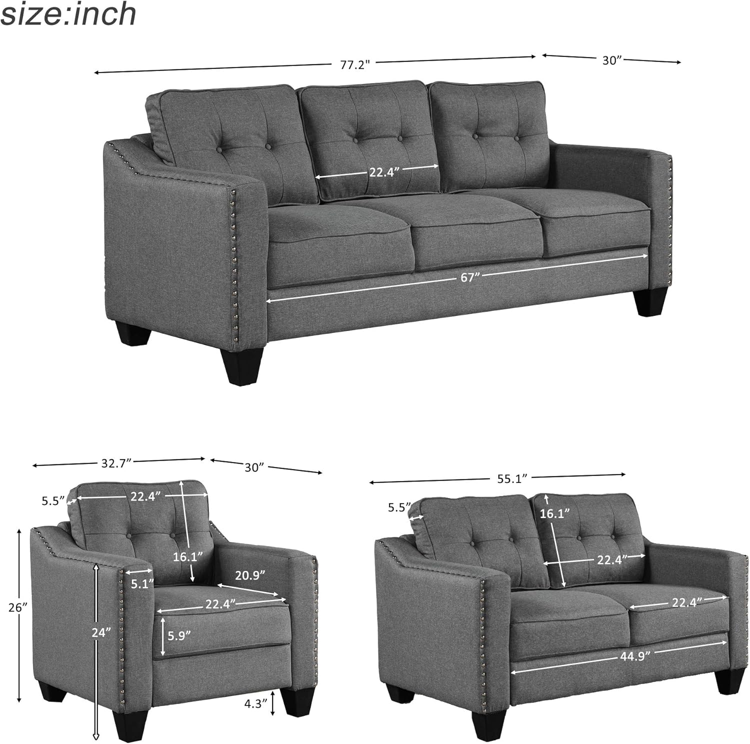 FANYE 3 Pieces Living Room Furniture Sets Include, Loveseat and Armchair, Linen Fabric Upholstered Sectional Classical Rivets Decor and Tufted Back Cushions, Retro Gray Sofa & Couch, 77.2"