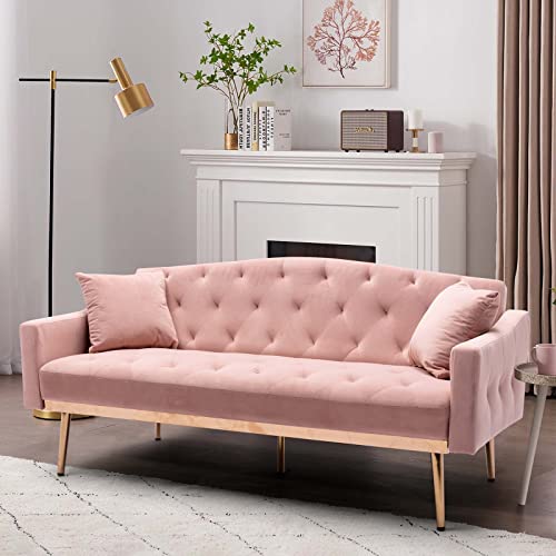 TMEOSK 65" Velvet Convertible Futon Sofa Bed with 2 Pillows, Modern Couch Loveseat Sofa, Folding Accent Sofa Sleeper Recliner for Home Living Room Bedroom (Navy)