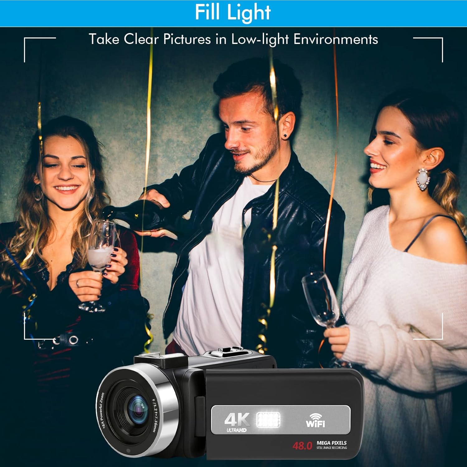 WIKICO Video Camera, 4K Camcorder 48MP 18X Digital Zoom Autofocus Camera for YouTube, WiFi IR Night Vision 3.0 Touch Screen Vlog Camera, with External Microphone, Lens Hood, Stabilizer, Fill Light