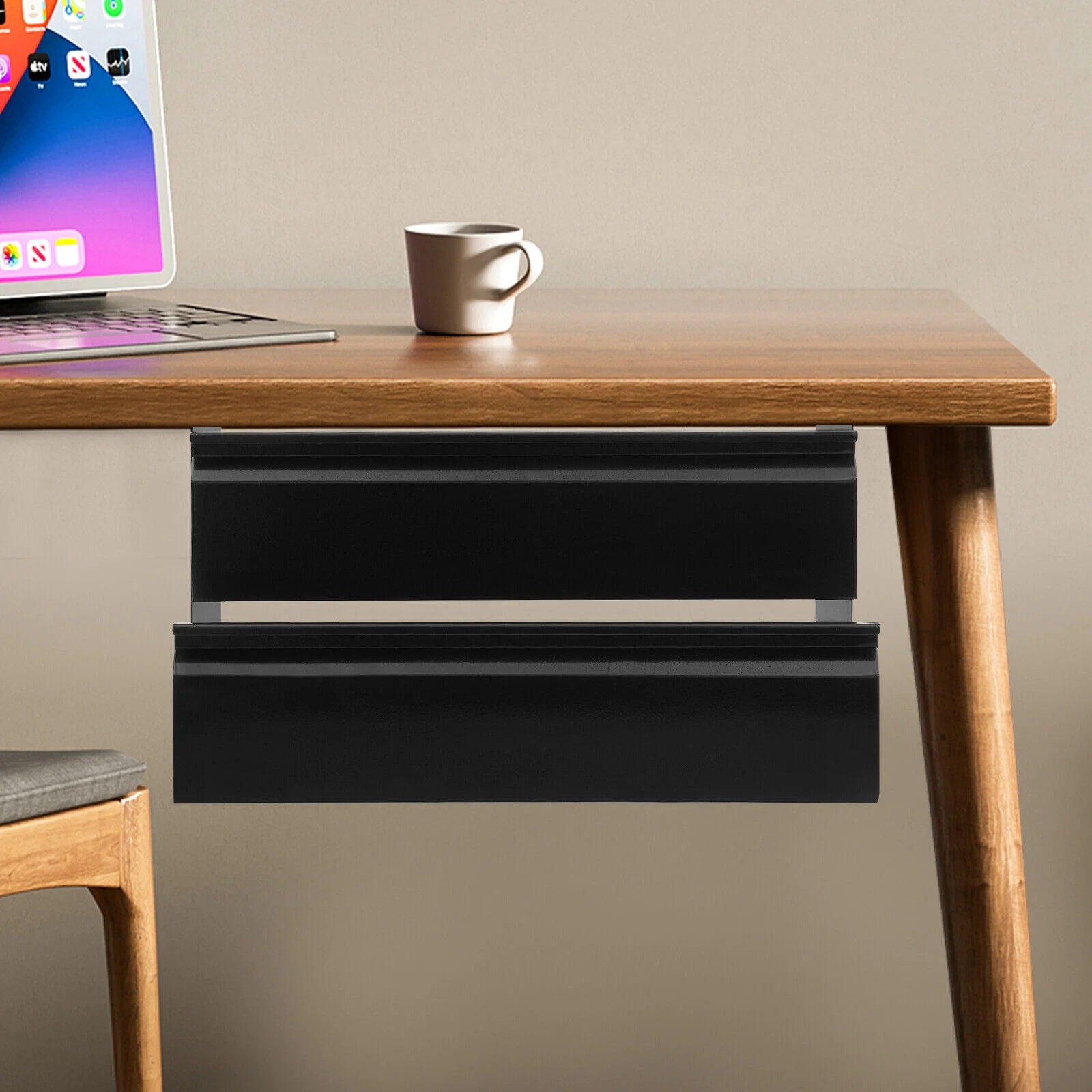 2-Tier Under Desk Sliding Drawer Organizer, Black Steel Pull-Out Storage Tray for Office Study, 6.6LB Capacity