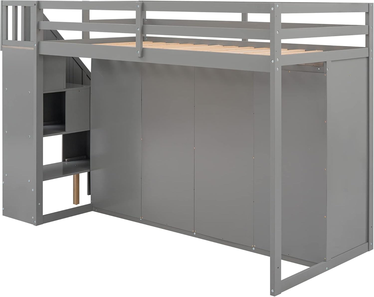 Twin Size Functional Loft Bed with 3 Shelves, 2 Wardrobes and 2 Drawers, Ladder w/Storage Stairway, Wooden Loft Bedframe, Space Saving Bedroom Furniture for Kids Teens, No Box Spring Required