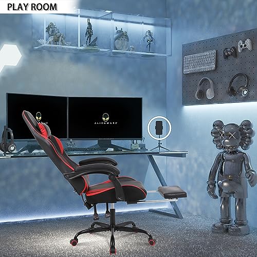 Ergonomic Gaming Chair with Footrest Racing Style, Grey and Black Gaming Chair with Massage,Computer Video Gaming Chair for Adults Comfortable