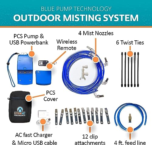 EXTREMEMIST Portable Misting System - 4 Mist Nozzles and Wireless Remote | Easy to Setup | 16 ft. Mist Line for Outdoor Patios, Golf Carts, Greenhouses, Canopy, Decks & More